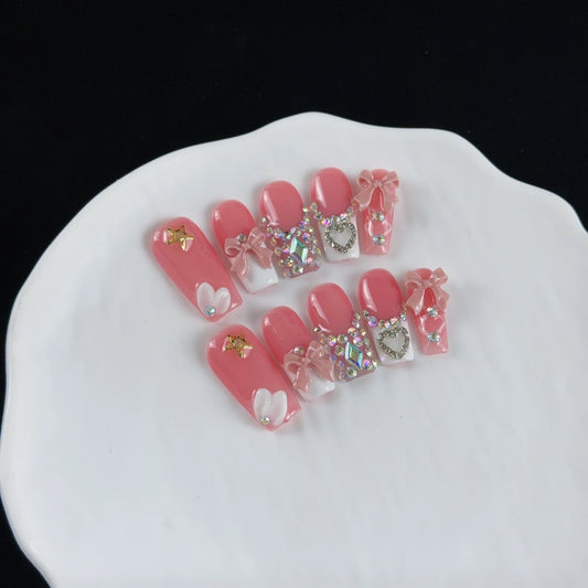 10pcs high-end Sweet girl style, hand-painted three-dimensional bow, hearts, glittering small diamonds handmade fake nails