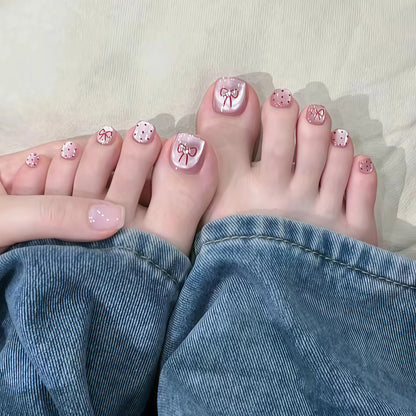 24pcs Light Pink Cat's Eye Press On Nails For Foot Simple Red Wave Point Decor False Toenails Korean Style Summer Fake Toenail