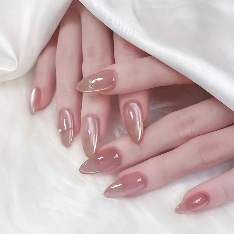 24pcs Aurora Nude Pink Press on Nails Almond Acrylic Simple Fake Nails with Gradient Design Nail Chrome Solid Color False Nails
