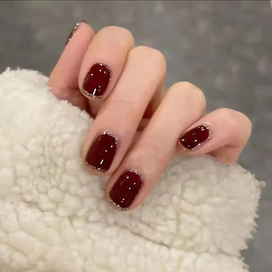 24Pcs Short Square Head Nails Set Press on 3D Gilding Red Heart Design Fake Nail Reusable Artificial Full Cover False Nails Tips