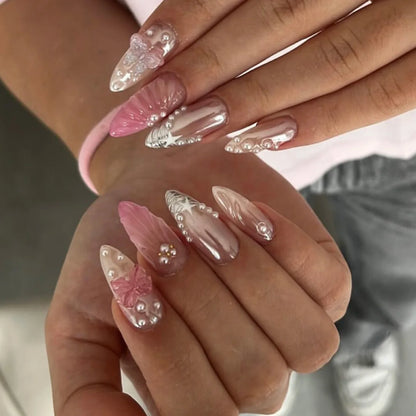 24Pcs Mid-length Almond Press on Fake Nails with Insect Flower Button Design Full Cover Nails Tips Reusable Finished False Nails