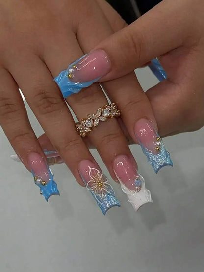 24pcs/Set Y2K French Medium Length Nail Tips, Sweet 3D Pink Flower & Wavy Design With Golden Beads Accent, Press-On Artificial