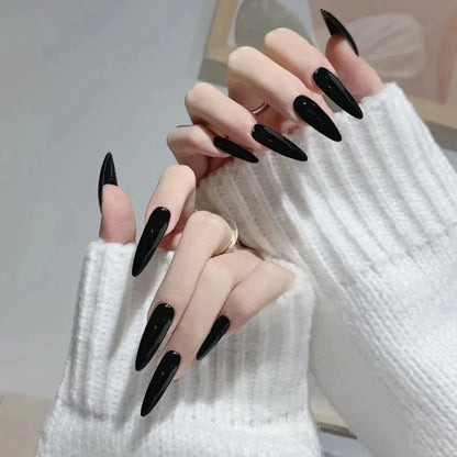 24Pcs Black Glossy French Simple Gradient Press on Nails Art Set Mid-length Almond Fake Nails Wearable Fashion Acrylic Nail Tips