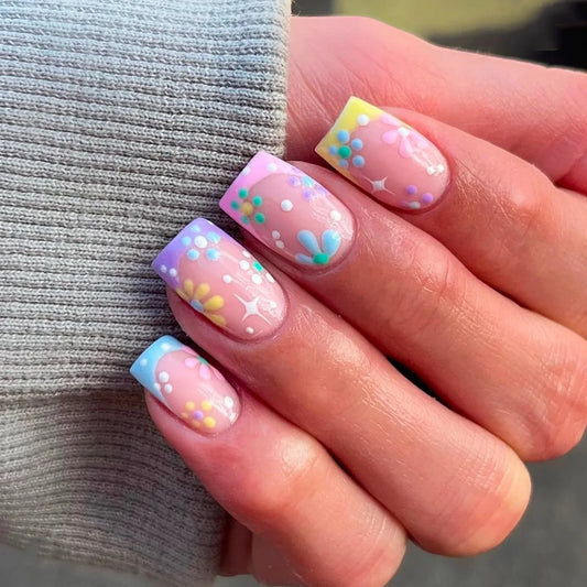 24pcs Short Square Fake Nails Art Colorful French Flower Design False Nail Wearable Press on Nails Sets Simple Manicure Finished