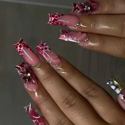24pcs Pink Leopard Print Press on Nails Square False Nail Diamond Y2k Fake Nails French Polka Dots Nail 3D Flower Press on Nails