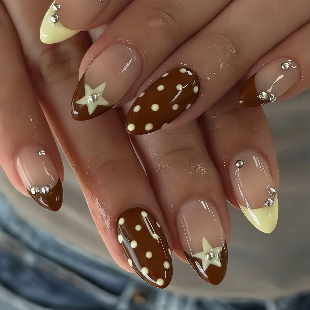 24pcs Colorful Five-pointed Star Press On Nails Red Stripes French Style Y2k Fake Nails Yellow Almond European Fake Nail Tips