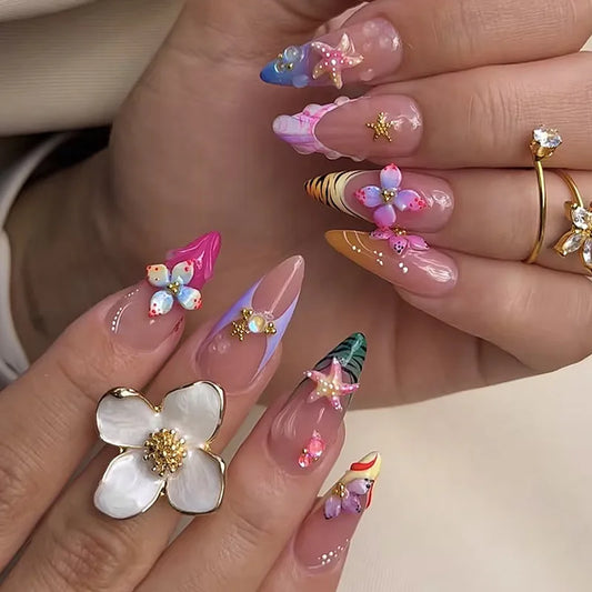 24Pcs Mid-length Almond Press on Fake Nails 3D Flower Starfish False Nails Colorful Stripe French Reusable Full Cover Nails Tips