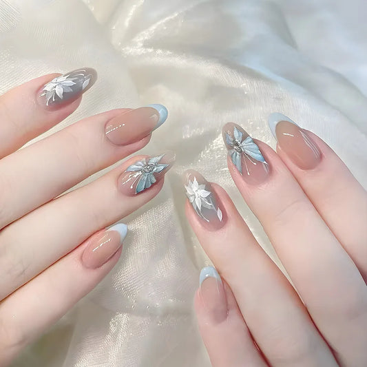 24pcs Cat's Eye False Nails Simple Flower Short Oval Full Cover Nail Tips Wearable Fashion Fake Nail Set Press on Nails Finished