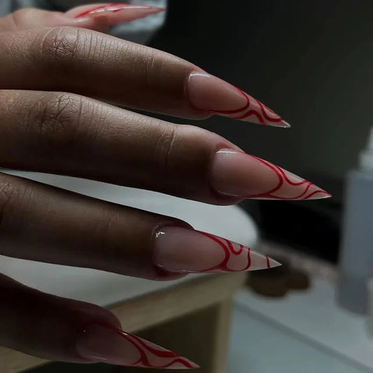 24Pcs Long Wine Red Ripple Manicure Fashionable Girls Wearing Almond Nail Stickers Fake Nails Acrylic Simple New for Women Gifts