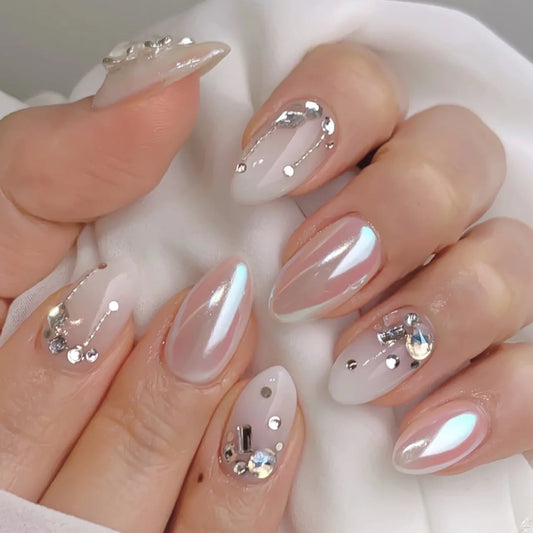 24Pcs Short Oval Head Blush Pink Press on Nails with Simple Designs Almond Nails Wearable Acrylic Full Cover Nail Tips with Glue
