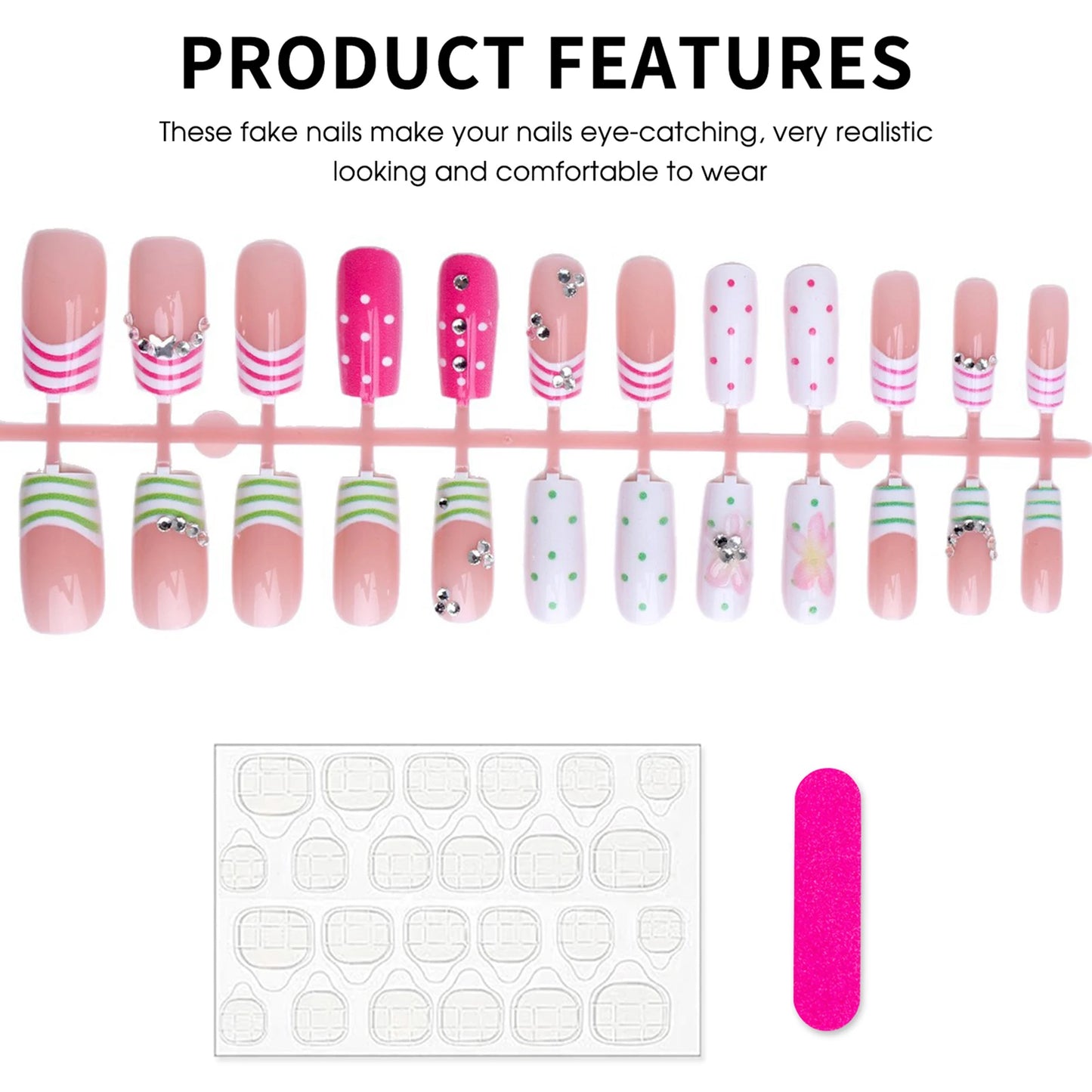 24pcs Dopamine DIY Manicure Art Little Stripes French Style Mid-length Squared False Nail Polka Dot Flower Printed Press On Nail