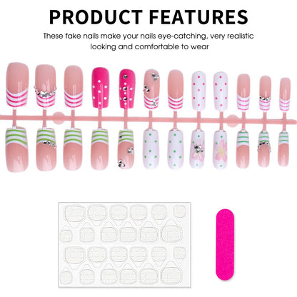 24pcs Dopamine DIY Manicure Art Little Stripes French Style Mid-length Squared False Nail Polka Dot Flower Printed Press On Nail
