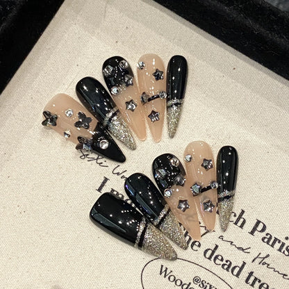 10Pcs White Swan Handmade False Nails Glitter Haze Blue Grey Cat Eye Press On Nail Angel Wing Shiny Diamond Chain Decor Manicure