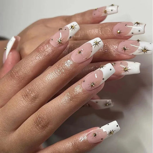 24pcs Finished Press on Nails White French Ballet Fake Nail Detachable Rhinestone Starlight Mid-length Coffin False Nails Tips