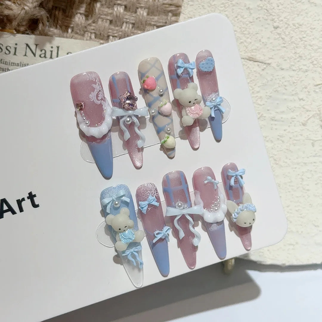 10pcs Pudding Little Bear Press On Nails Handmade Cute Blue French Style Bowknots Sweet Fake Nails Pink Cat's Eye  False Nail