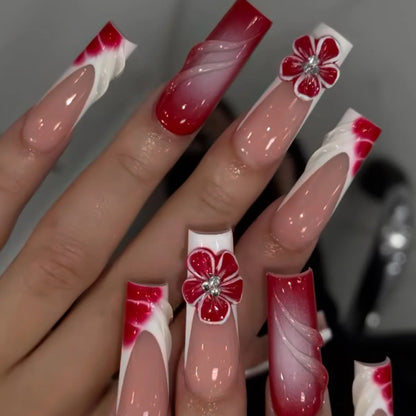 24Pcs Long Square Head French Fake Nail Tips 3D Love Heart Design Press on Nails with Rhinestone Pattern Wearable False Nail Art