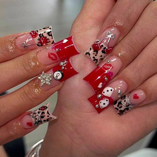 24PCS False Nails Leopard Printed Rhinestone French Artificial Nail Tips For Women Daily Wear Wearable False Nails Woman