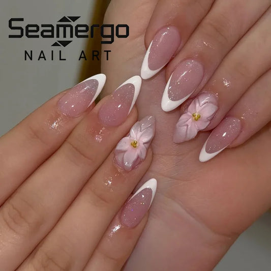 24PCS Pink Glitter French Almond Press on Nails Floral Design with Gold Bead Decor Reusable False Nails Elegant Bridal Manicure