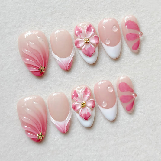 24pcs Spring Summer Sweet Flower Nails Pink Gradient Tips Almond Press on Nails French Flower Fake Nail Rhinestone False Nail