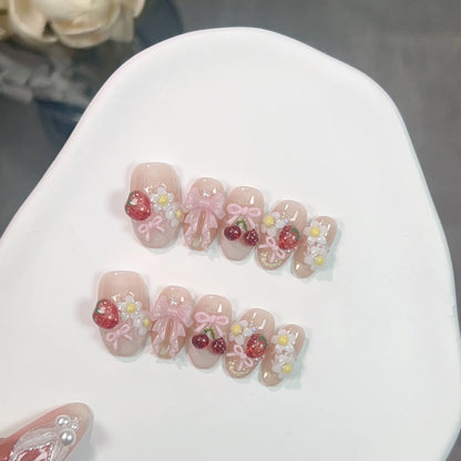 10Pcs 3D Flower Almond Handmade Press on Nails Fake Nails Wearable Stick-on Nails False Nail Uñas Postizas Накладные Ногти 네일팁