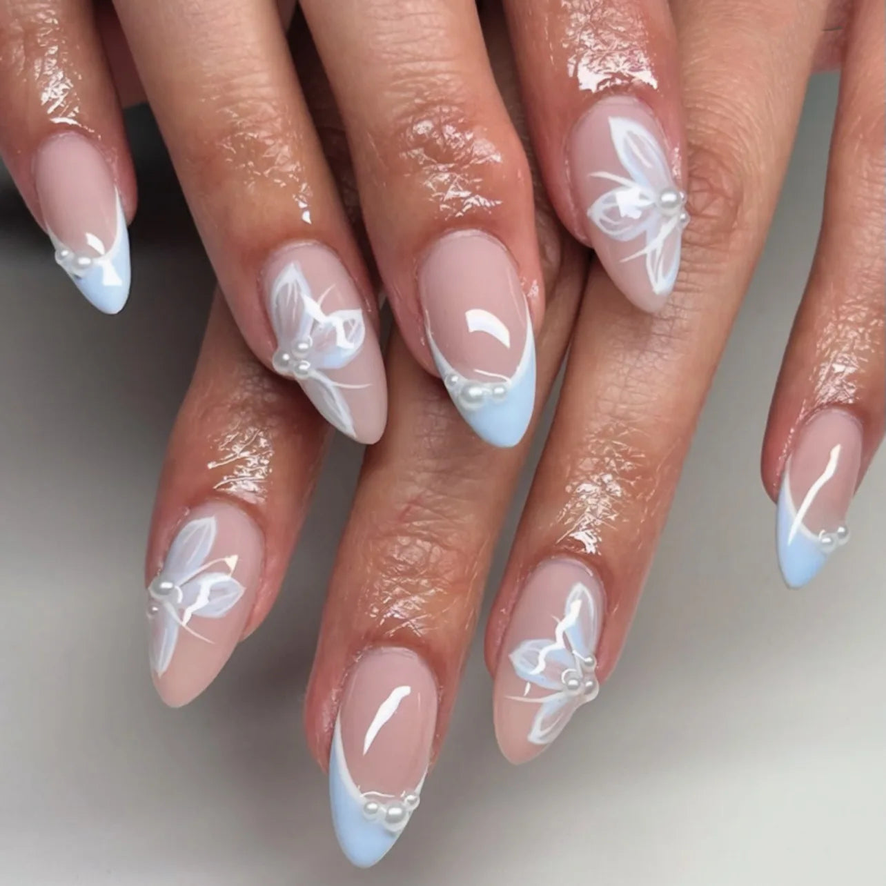 24pcs Long Almond Press on Nails Gold Bow Fake Nails Cherry Pattern False Nail Artificial Tips Накладные Ногти Uñas Postizas 네일팁