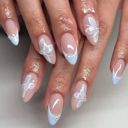 24pcs Long Almond Press on Nails Gold Bow Fake Nails Cherry Pattern False Nail Artificial Tips Накладные Ногти Uñas Postizas 네일팁