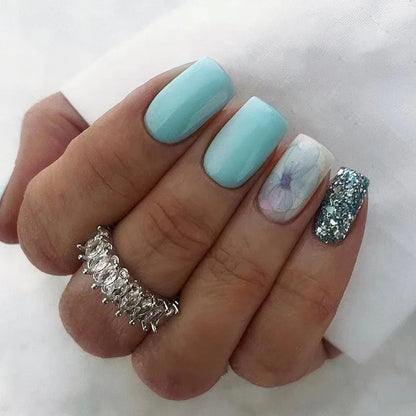 24pcs Flower Stick on Nail Tips Blue Square Nails Sets Short Ballet Fake Nail Finished Simple Shiny Powder Press on False Nails