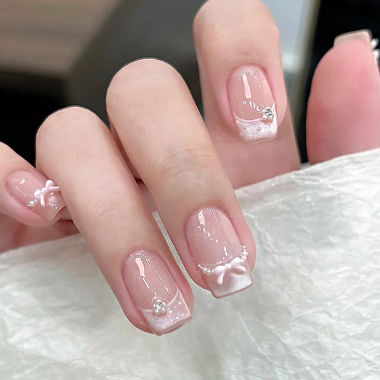 24Pcs Pink French Designs Acrylic False Nails Full Cover 3D Sweet Bow Short Ballet Press on Nails with Pearls Chain Manicure Set