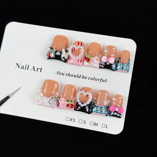 10pcs high-end Cute cartoon style, hand-drawn three-dimensional bow, hearts, shiny glittering diamonds handmade fake nails
