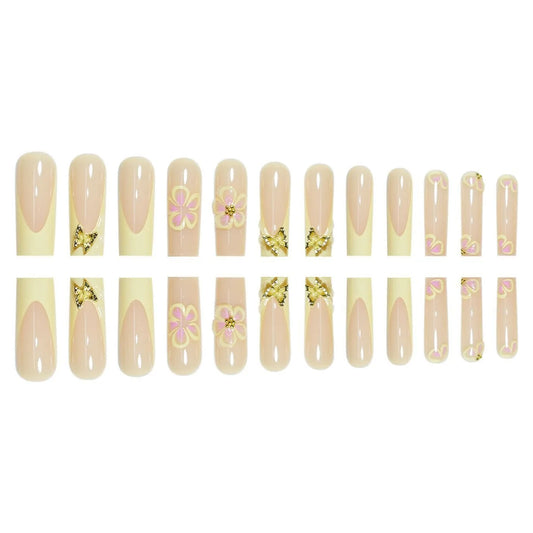 24pcs Fresh Long Coffin Fake Nails Yellow French Style Flower Printed Metal Butterfly Designs Press On Nails Summer False Nail