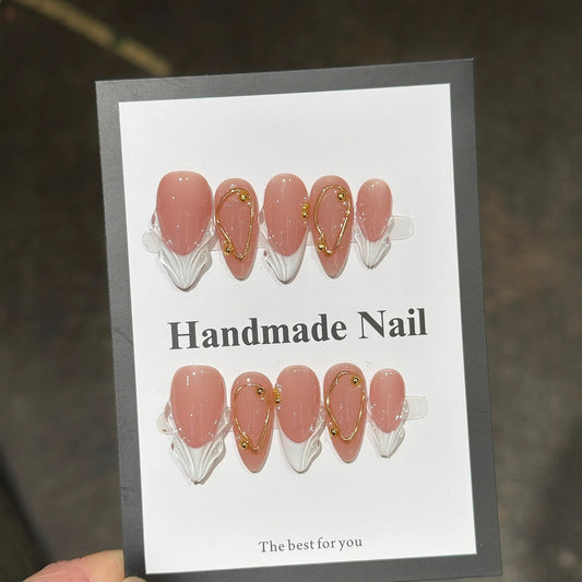 10Pcs Nude Pink Almond Manicure Nail Stickers Mid-length Ballet Simple Reusable Press on Nails Artificial Handmade False Nails