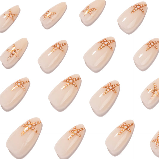 24pcs New Almond False Nails Ocean Starfish Decoration Press on Nails for Girls Wearable Full Cover INS Simple Flowers Fake Nail