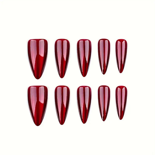 24pcs Upgrade Your Look With SRed Cat's Eye Almond Fully Covered False Nails 1pc Nail File & 1Nail Glue Sticker Kit Nails