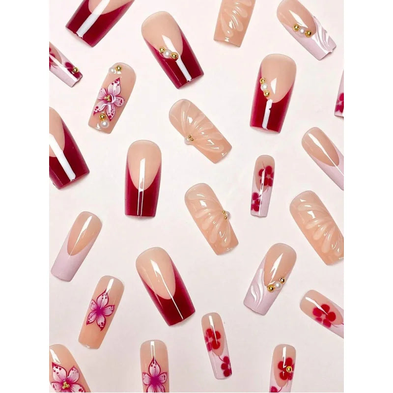 24pcs/Set Y2K French Medium Length Nail Tips, Sweet 3D Pink Flower & Wavy Design With Golden Beads Accent, Press-On Artificial