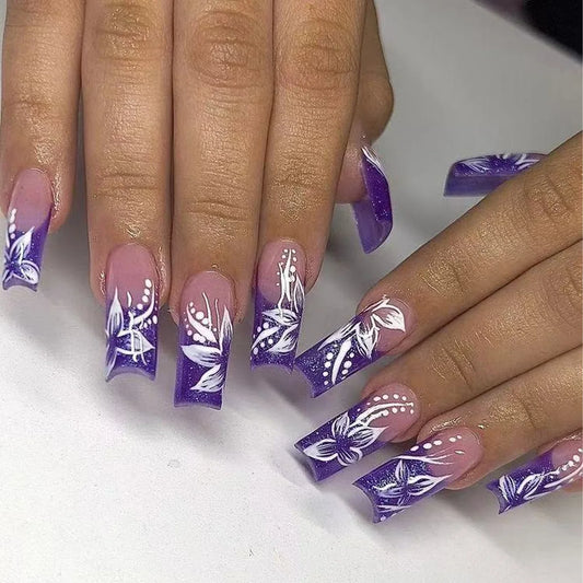 24Pcs Purple Edge French Press on Nails with White Flower Fake Nails Mid-length Square Head Reusable Full Cover False Nails Tips