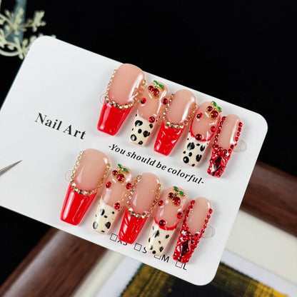 High-End Luxury Hand-Painted Leopard Press on Nails with 3D Stacked Rhinestones