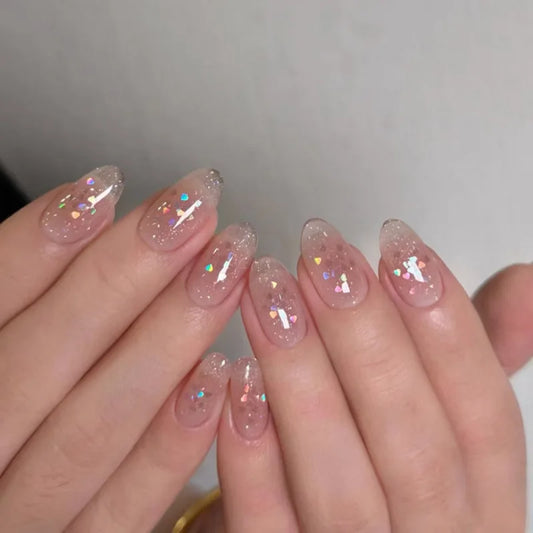 24Pcs Short Almond Fake Nails with 3D Flower Love Heart Design Press on False Nails Full Cover Rhinestone Wearable Manicure Tips