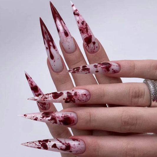 24pcs Halloween False Nails Red Blood Long Pointed Fake Nail Tips Wearable Detachable Gothic Punk Long Almond Press on Nails