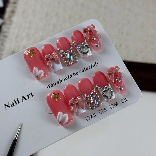10pcs high-end Sweet Princess Style, hand-painted three-dimensional bow, dazzling rhinestones handmade fake nails