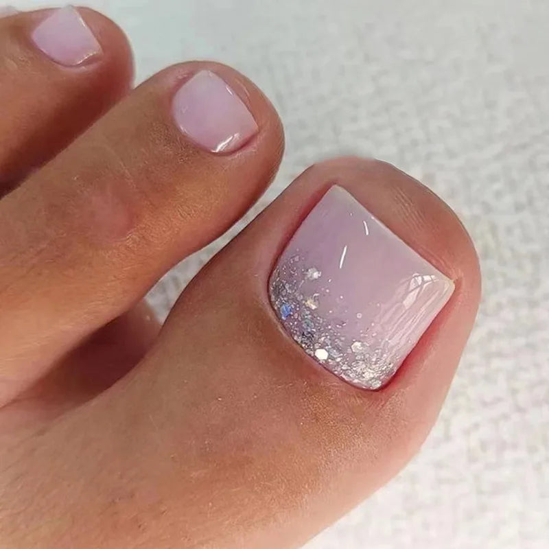 24pcs Simple French Fake Toenails White Edge Pink Short Square Toe Nails Full Cover Foot Nails Tips for Women Girls