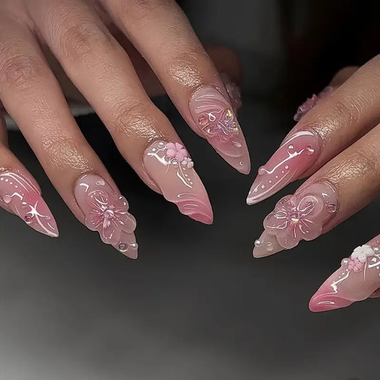 10PCS Stiletto Pink With Flowers Style Fake Nails Set -Press On Nails Drill Design1pc Nail File & 1Nail Glue Sticker Kit Nails