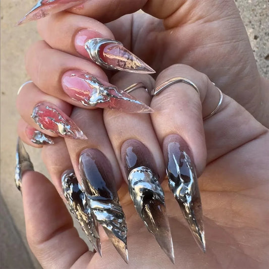 Punk Extra Long Pointed Fake Nails Art Dark Y2K Black Black Spider Centipede Rhinestone Pearl False Nail Press on Nails Manicure