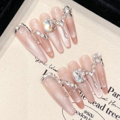 10pcs Long Ballerina Almond False Nail Tips Handmade Glossy Pink Cat's Eye Press On Nails Sweet Simple Gentle Fake Nail For Girl