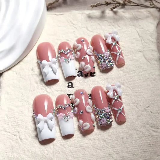 10pcs high-end Sweet girl style, hand-painted carvings, three-dimensional bows, sparkling pile diamonds handmade French Tip Nail