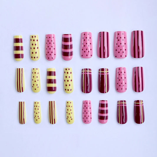 24pcs Medium Coffin False Nails Pink Yellow Polka Dot Stripes Designs Square Press On Nails Women Girl Summer Dopamine Fake Nail
