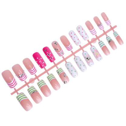 24pcs Dopamine DIY Manicure Art Little Stripes French Style Mid-length Squared False Nail Polka Dot Flower Printed Press On Nail