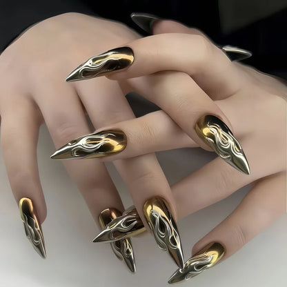 24PCS 3D Chrome Silver Gold Flame Stiletto Press On Nails Metallic Mirror Effect Reusable Fake Nail Art Punk Style False Nails