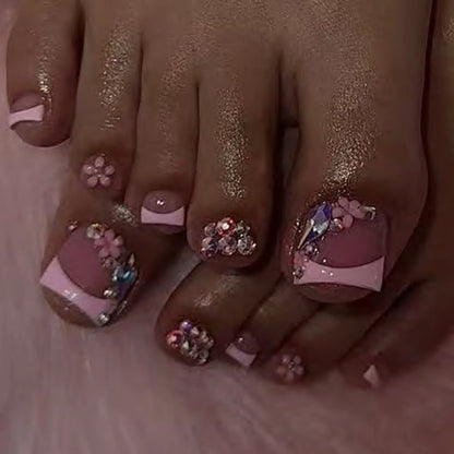 White French Fake Toenails with Rhinestone Design False Toenails for Girls Women Acrylic Toe Nail Tips Full Cover Wearable 24pcs