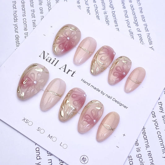 10Pcs Short Almond Handmade False Nails Tips Pink Gradient 3D Flower Gilded Design Press on Nails Cat's Eye Detachable Fake Nail