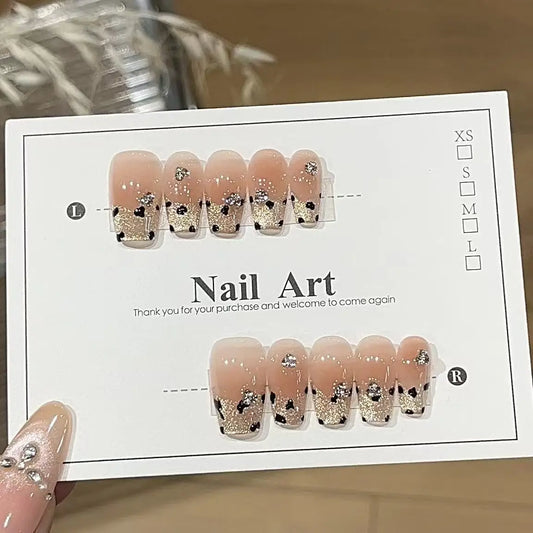 10pcs high-end Sweet and cool style, dazzling golden cat eyes, small pile diamonds, irregular leopard print handmade French Tip